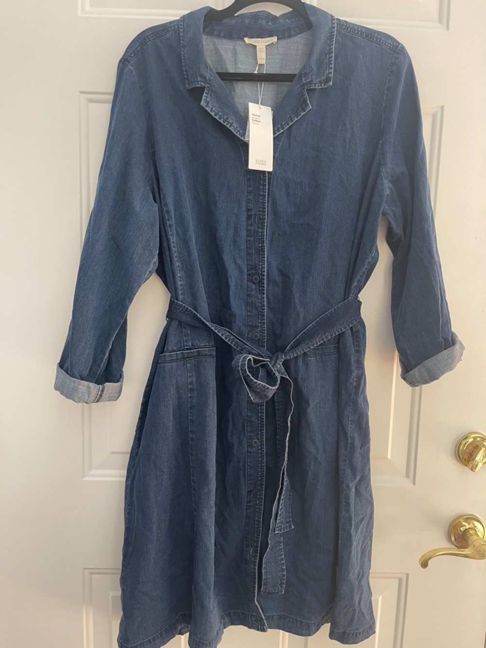 Eileen Fisher Blue Denim Button-Front Midi Dress with Tie Belt